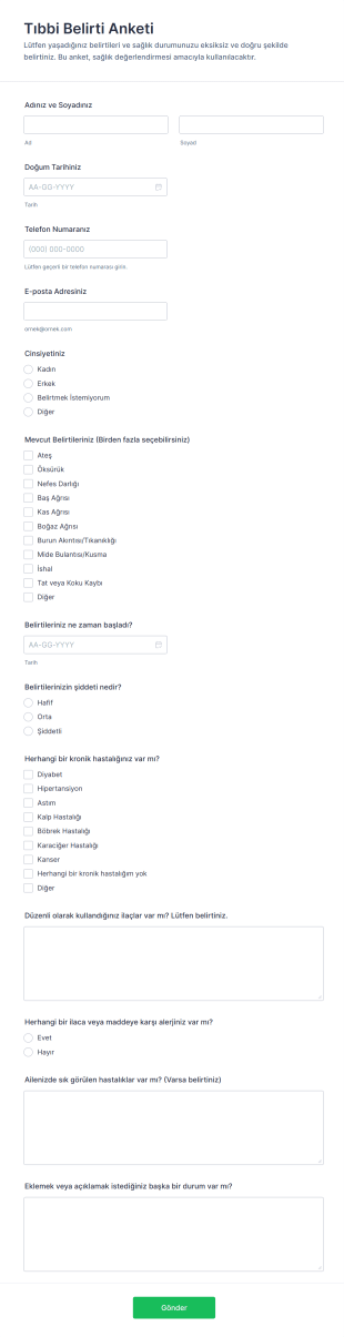 Tıbbi Belirti Anketi Form Şablonu