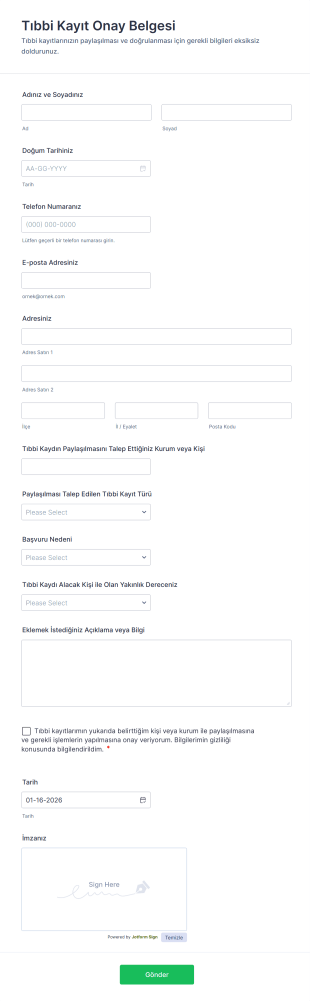 Tıbbi Kayıt Onay Belgesi Form Şablonu