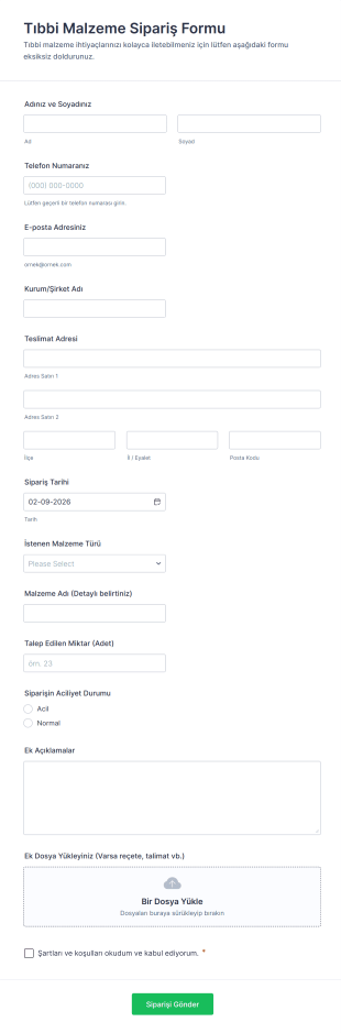 Tıbbi Malzeme Sipariş Form Şablonu