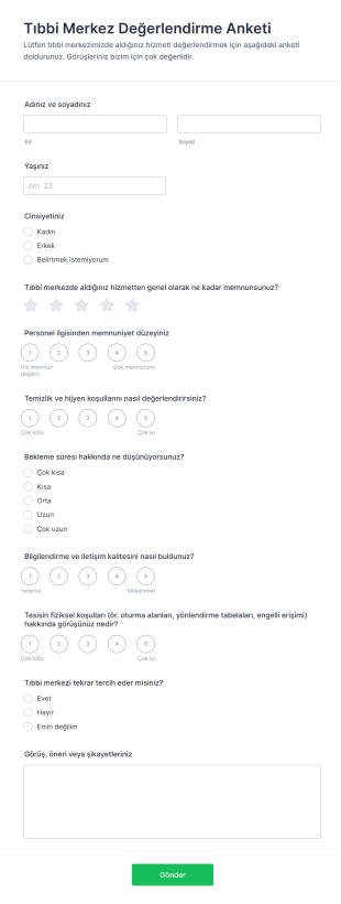 Tıbbi Merkez Değerlendirme Anketi Form Şablonu