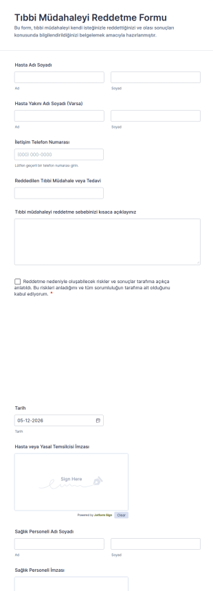 Tıbbi Müdahaleyi Reddetme Form Şablonu