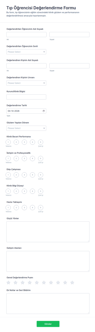 Tıbbi Öğrenci Değerlendirme Anketi Form Şablonu