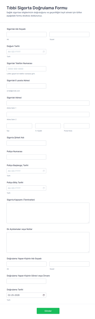 Tıbbi Sigorta Doğrulama Form Şablonu