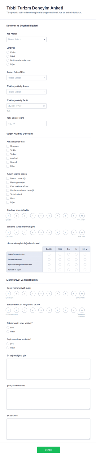 Tıbbi Turizm Deneyim Anketi Form Şablonu