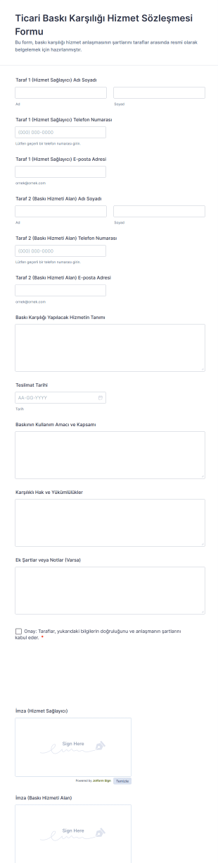 Ticari Baskı Karşılığı Hizmet Sözleşmesi Form Şablonu
