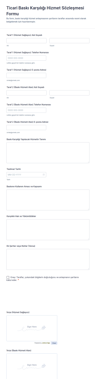 Ticari Baskı Karşılığı Hizmet Sözleşmesi Form Şablonu