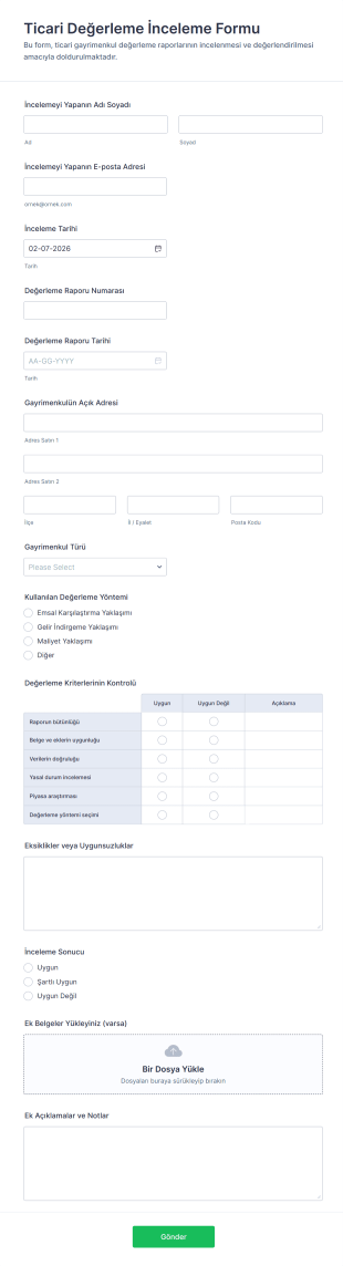 Ticari Değerleme İnceleme Form Şablonu