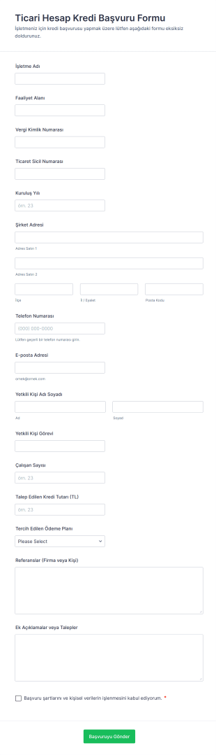 Ticari Hesap Kredi Başvuru Form Şablonu