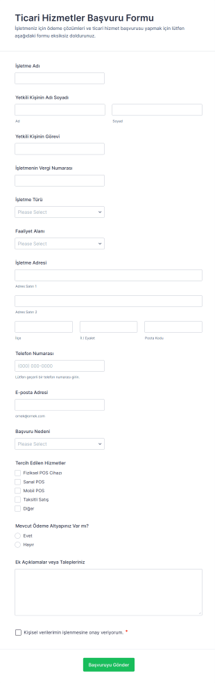 Ticari Hizmetler Başvuru Form Şablonu