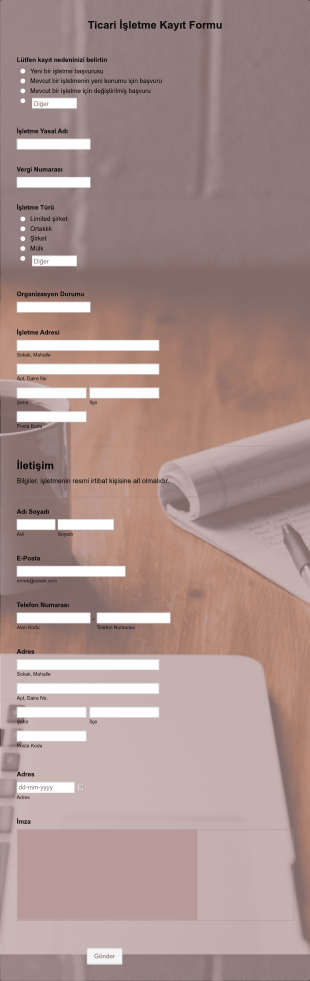 Ticari İşletme Kayıt Form Template