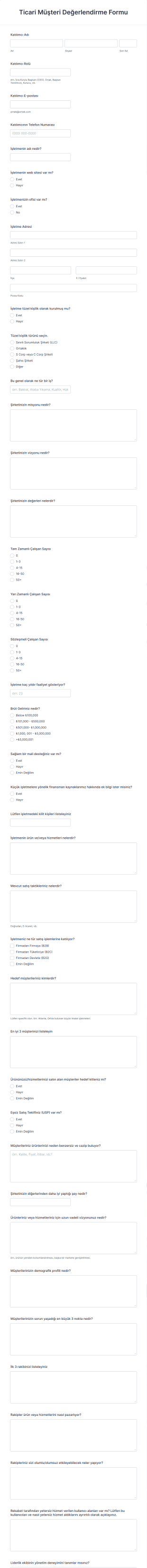 Ticari Müşteri Değerlendirme Form Template
