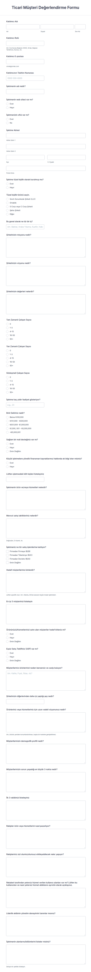 Ticari Müşteri Değerlendirme Form Şablonu