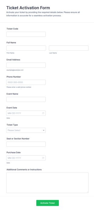 Ticket Activation Form Template