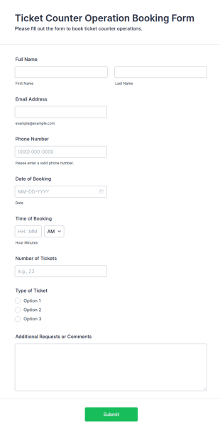 Ticket Counter Operation Booking Form Template
