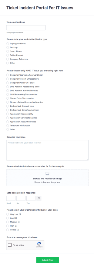 Ticket Incident Portal For IT Issues Form Template
