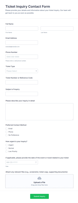Ticket Inquiry Contact Form Template