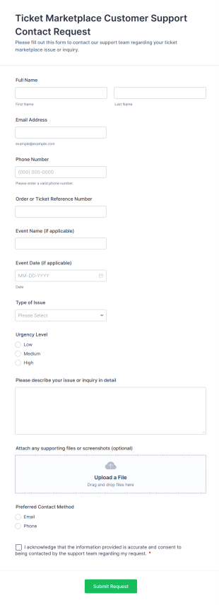 Ticket Marketplace Customer Support Contact Request Form Template