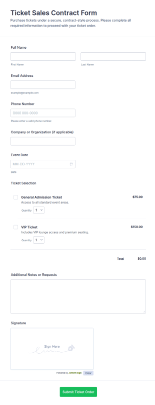 Ticket Sales Contract Form Template