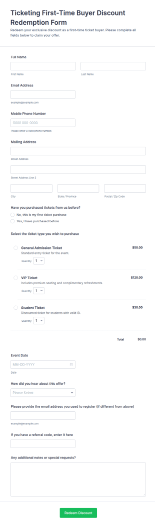 Ticketing First Time Buyer Discount Redemption Form Template
