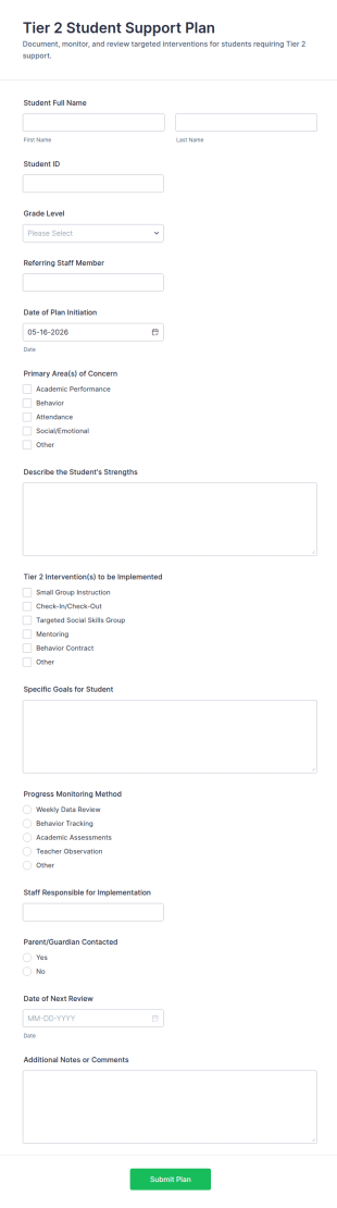 Tier 2 Student Support Plan Form Template