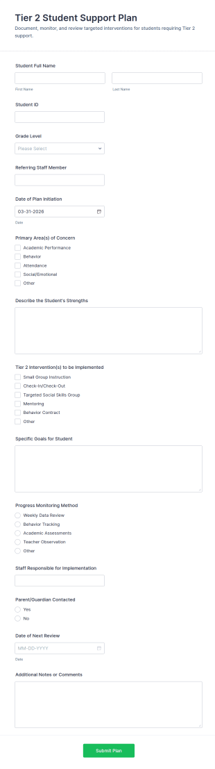 Tier 2 Student Support Plan Form Template