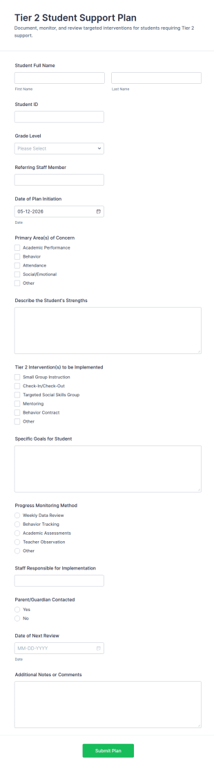 Tier 2 Student Support Plan Form Template