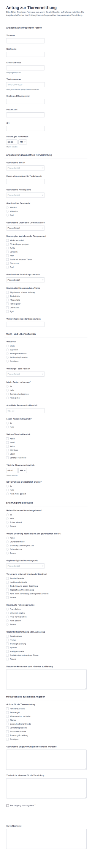 Tieradoptionsanfrage Formular