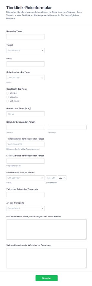 Tierarzt Reiseformular