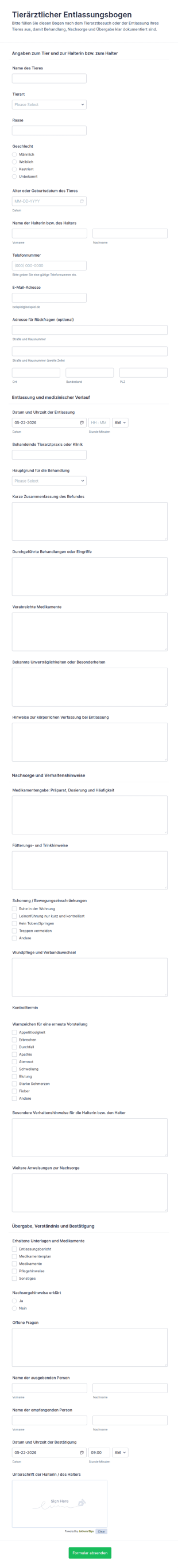 Tierärztliche Entlassungsformular