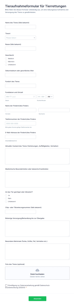 Tieraufnahmeformular Für Tierrettungen