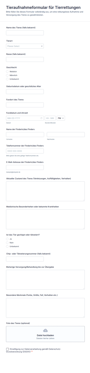 Tieraufnahmeformular Für Tierrettungen