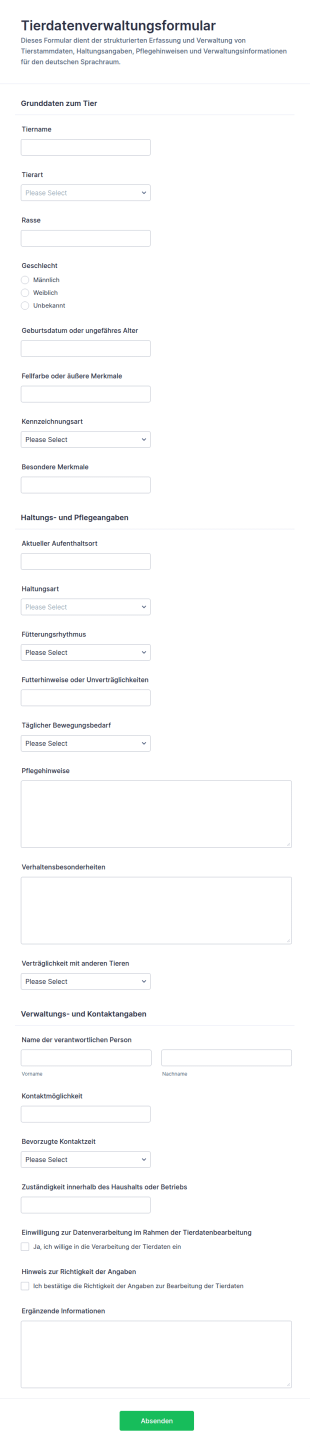 Tierdaten Verwaltungsformular