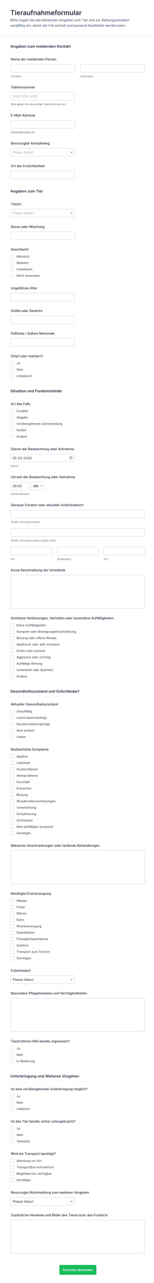 Tierheim Aufnahmeformular