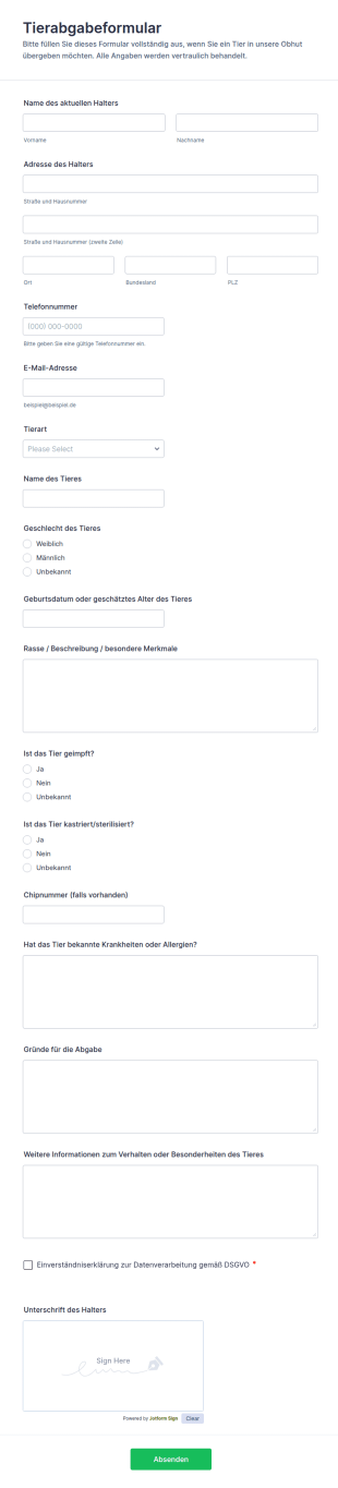 Tierschutzabgabevereinbarung Formular 🐾