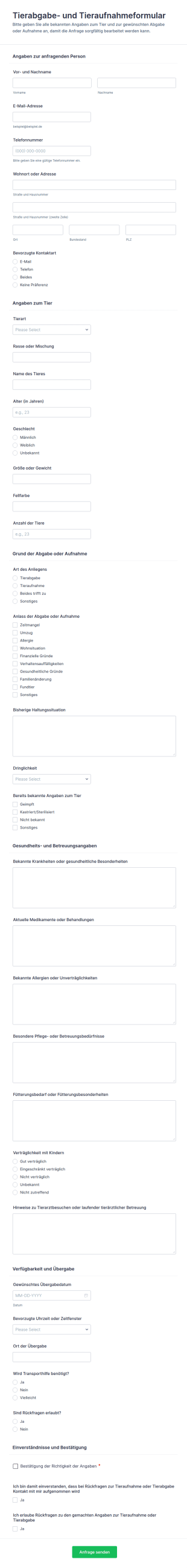 Tiersurrender Und Aufnahmeformular