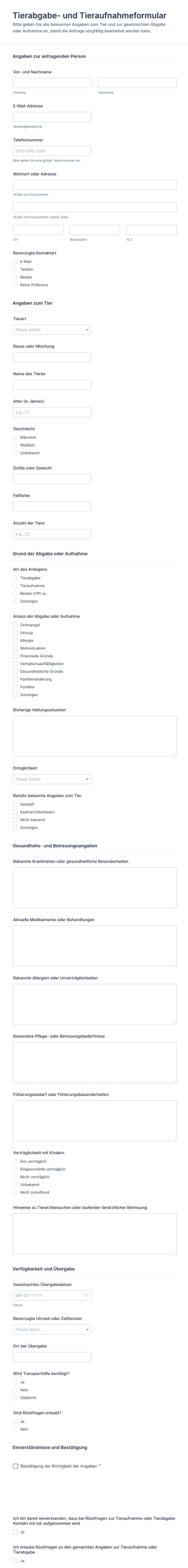 Tiersurrender Und Aufnahmeformular
