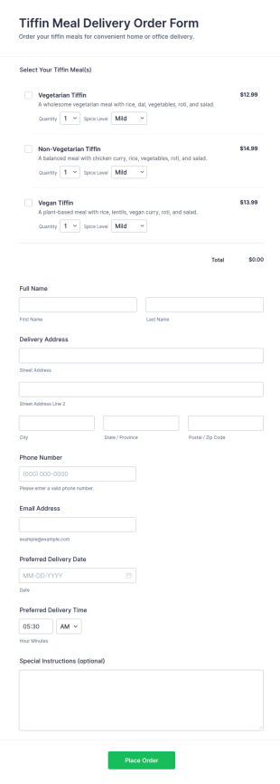 Tiffin Meal Delivery Order Form Template
