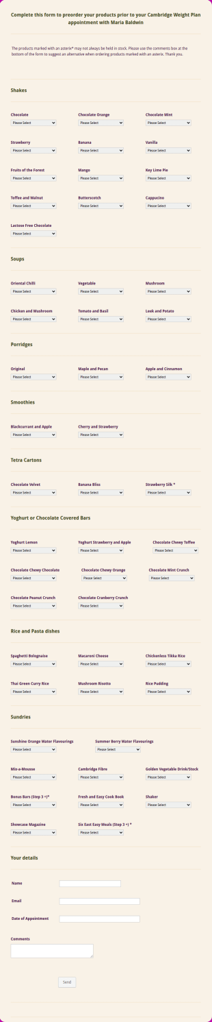 Food Order Application Form Template