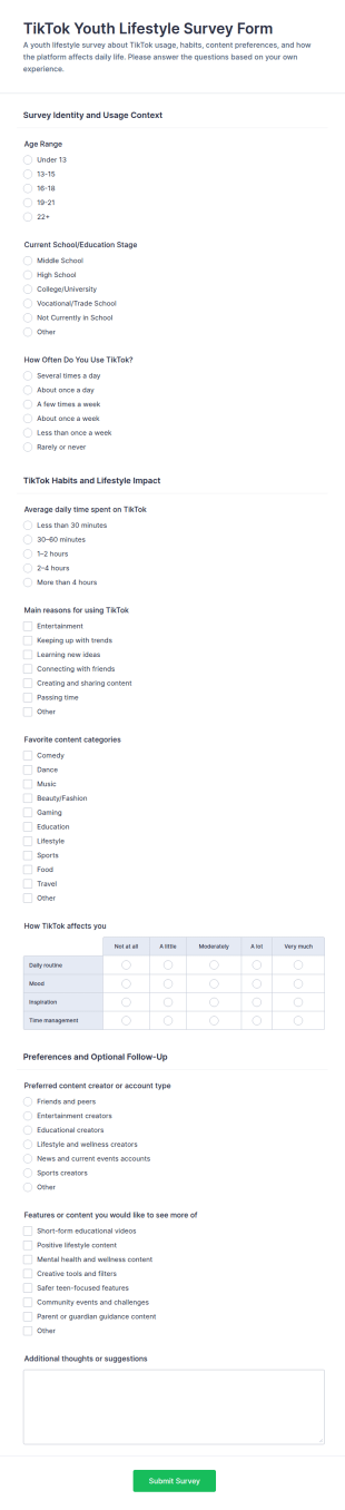 TikTok Youth Lifestyle Survey Form Template
