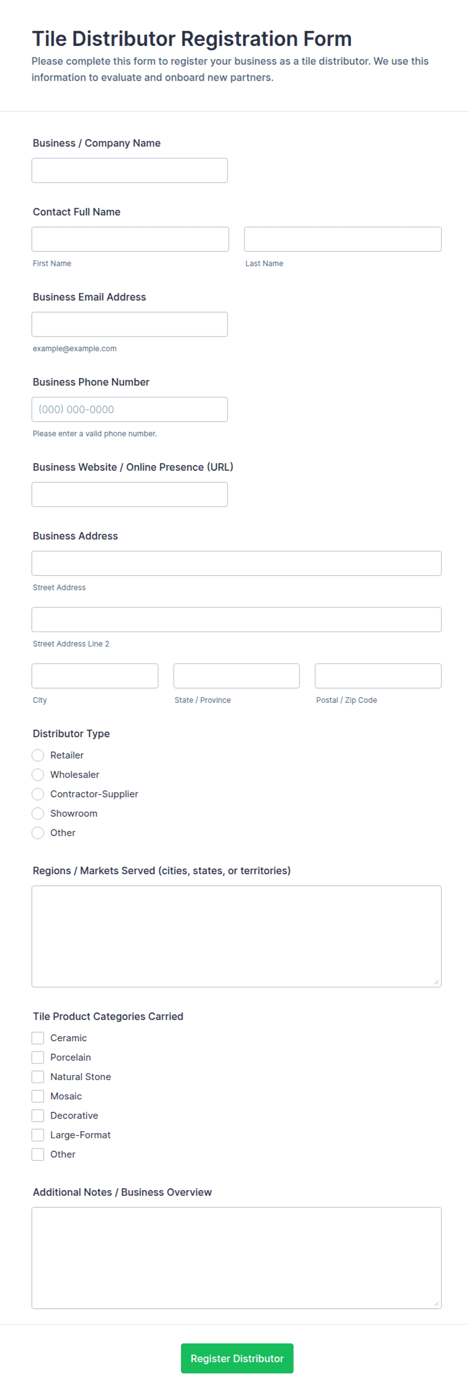 Tile Distributor Registration Form Template | Jotform