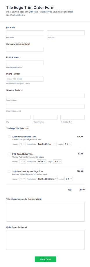 Tile Edge Trim Order Form Template