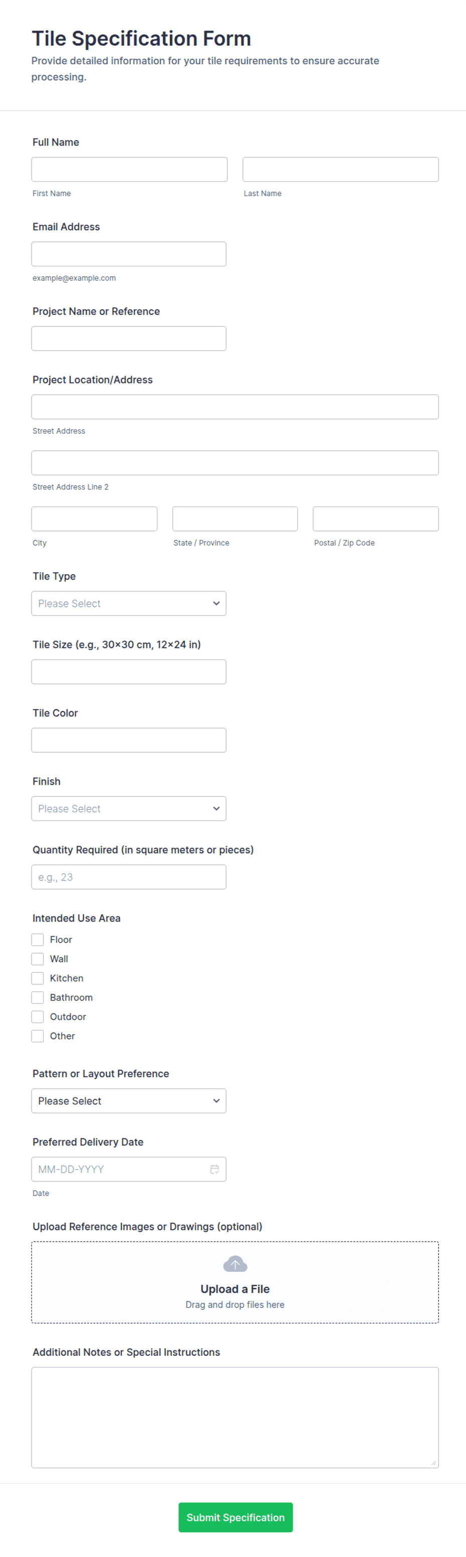 Specification Point Form Tile Specification Form Template | Jotform