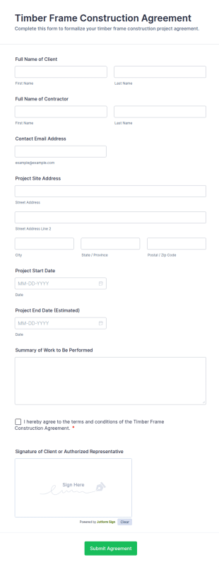 Timber Frame Construction Agreement Form Template