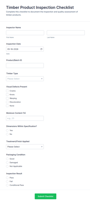 Timber Product Inspection Checklist Form Template