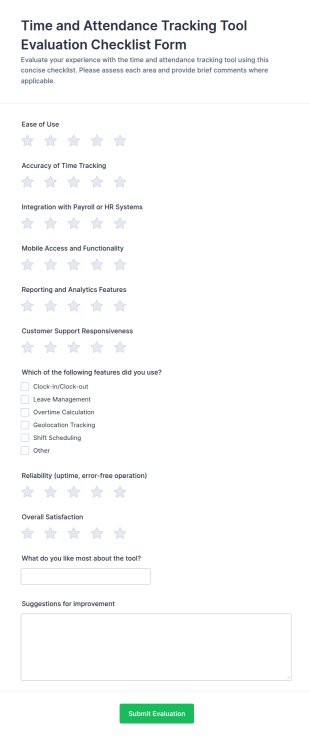 Time And Attendance Tracking Tool Evaluation Checklist Form Template