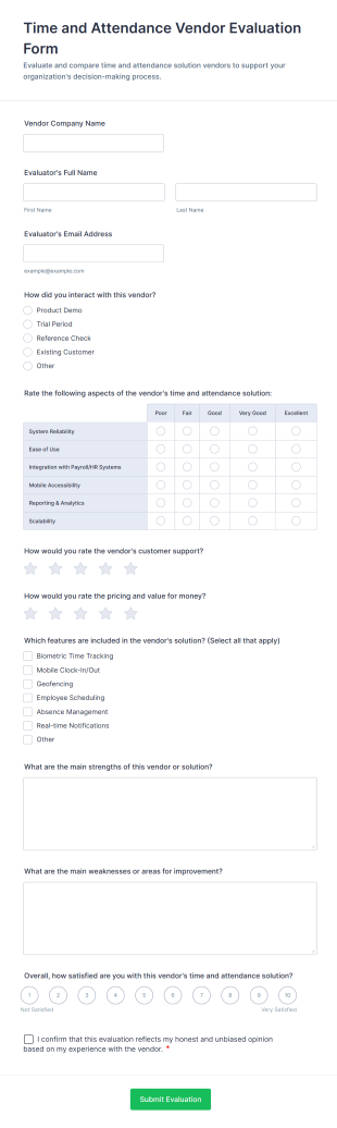 Time And Attendance Vendor Evaluation Form Template