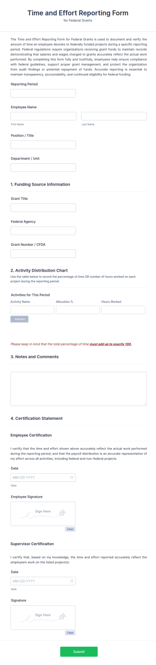 Time And Effort Reporting Form For Federal Grants