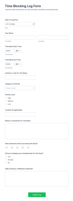 Time Blocking Log Form Template