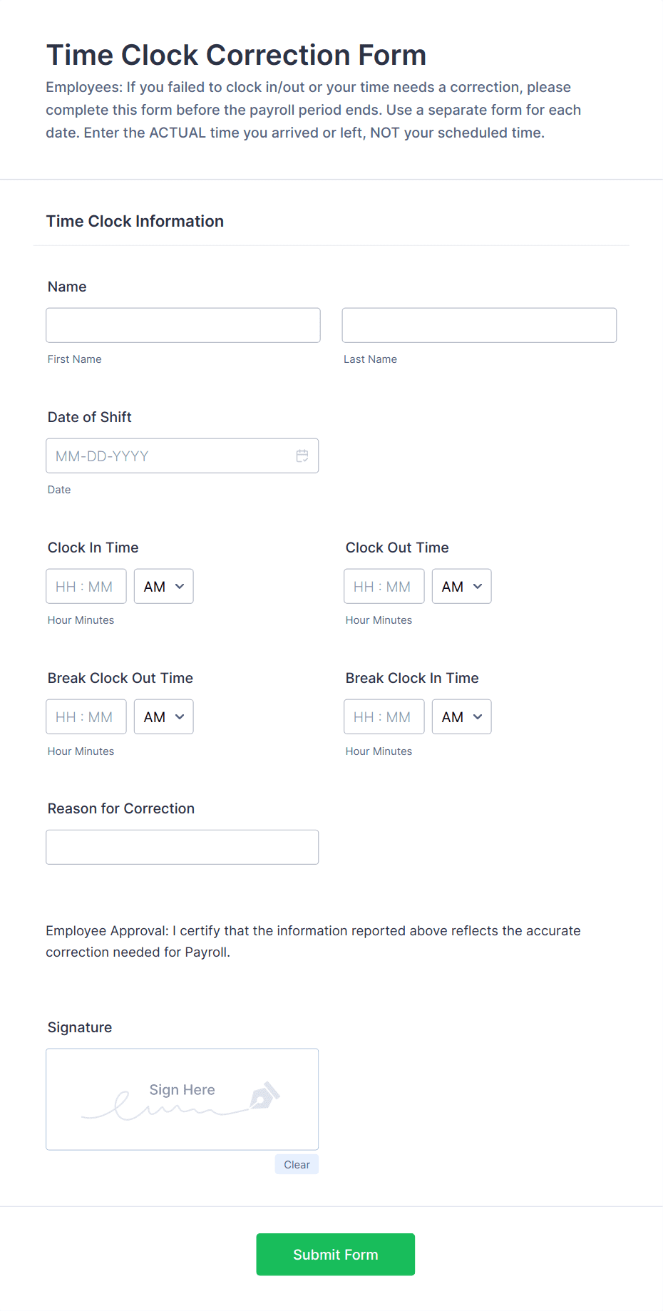 Time Clock Correction Form Template | Jotform