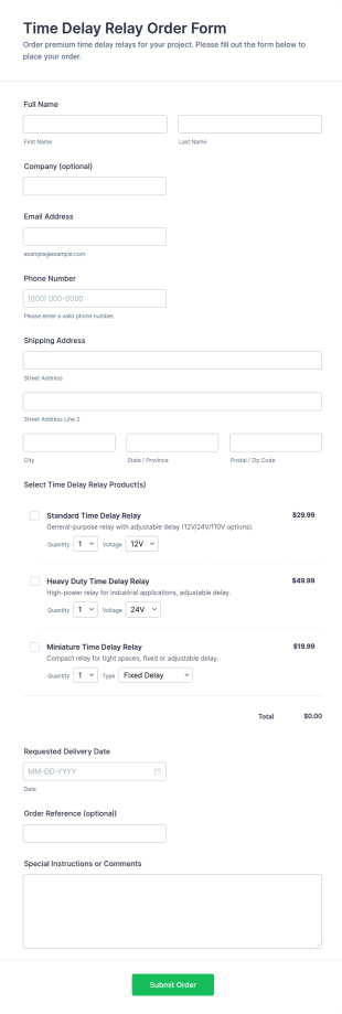 Time Delay Relay Order Form Template
